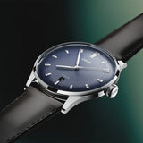Oris Artelier Date Automatic 38mm Watch 01 733 7810 4055-07 6 20 17FC — Viewed at a three-quarter angle, the multi-piece stainless steel case and brown leather strap show the watch's taut, contemporary silhouette.