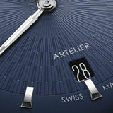 Oris Artelier Date Automatic 38mm Watch 01 733 7810 4055-07 6 20 17FC — A close-up shows the clean baton hour markers and date window against the blue dial's uncluttered surface.