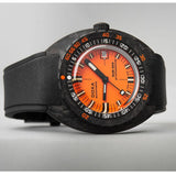 A DOXA SUB 300 Carbon Chronometer 42.50mm Watch 822.70.351.20 watch with a vibrant orange dial, black bezel, and black textured strap, shown on a neutral gray background.
