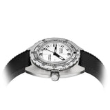 Front view of DOXA SUB 300 Ti5 Whitepearl watch, 42.5mm grade 5 titanium cushion case, white pearl dial with oversized orange minute hand, patented dual-scale dive bezel, screw-down crown, and contrasting black rubber strap with folding clasp — Ref. 823.50.011.20