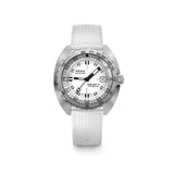 DOXA SUB 300 Ti5 Whitepearl 42.5mm Watch (Ref. 823.50.011.23) — front view showing white pearl dial, dual-scale unidirectional rotating bezel, date window at 3 o'clock, Super-LumiNova indices and hands, grade 5 titanium case, and colour-matched white rubber strap