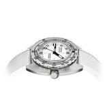 Side profile of DOXA SUB 300 Ti5 Whitepearl 42.5mm watch (Ref. 823.50.011.23) showing 13.4mm grade 5 titanium cushion case, screw-down crown, glass box sapphire crystal, and colour-matched white rubber strap with folding clasp and wetsuit extension