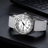 Front view of DOXA SUB 300 Ti5 Whitepearl watch, 42.5mm grade 5 titanium cushion case, white pearl dial with oversized orange minute hand, patented dual-scale dive bezel, screw-down crown, and white rubber strap with folding clasp — Ref. 823.50.011.23