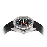 Side profile of DOXA SUB 300 Ti5 Sharkhunter 42.5mm watch (Ref. 823.50.101.20) showing 13.4mm grade 5 titanium cushion case, screw-down crown, glass box sapphire crystal, and black rubber strap with folding clasp and wetsuit extension