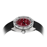 Side profile of DOXA SUB 300 Ti5 Redcoral 42.5mm watch (Ref. 823.50.161.20) showing 13.4mm grade 5 titanium cushion case, screw-down crown, glass box sapphire crystal, and black rubber strap with folding clasp and wetsuit extension