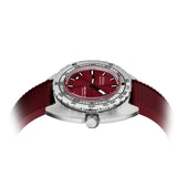Side profile of DOXA SUB 300 Ti5 Redcoral 42.5mm watch (Ref. 823.50.161.22) showing 13.4mm grade 5 titanium cushion case, screw-down crown, glass box sapphire crystal, and colour-matched red rubber strap with folding clasp and wetsuit extension