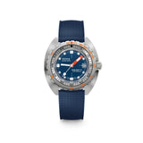DOXA SUB 300 Ti5 Caribbean 42.5mm Watch (Ref. 823.50.201.32) — front view showing Caribbean Blue dial, dual-scale unidirectional rotating bezel, date window at 3 o'clock, Super-LumiNova indices and hands, grade 5 titanium case, and colour-matched blue rubber strap