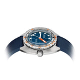 Side profile of DOXA SUB 300 Ti5 Caribbean 42.5mm watch (Ref. 823.50.201.32) showing 13.4mm grade 5 titanium cushion case, screw-down crown, glass box sapphire crystal, and colour-matched blue rubber strap with folding clasp and wetsuit extension