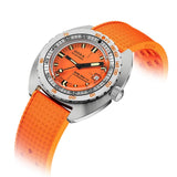 Front view of DOXA SUB 300 Ti5 Professional watch, 42.5mm grade 5 titanium cushion case, signature orange dial with oversized minute hand, patented dual-scale dive bezel, screw-down crown, and orange rubber strap with folding clasp — Ref. 823.50.351.21