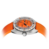 Side profile of DOXA SUB 300 Ti5 Professional 42.5mm watch (Ref. 823.50.351.21) showing 13.4mm grade 5 titanium cushion case, screw-down crown, glass box sapphire crystal, and orange rubber strap with folding clasp and wetsuit extension