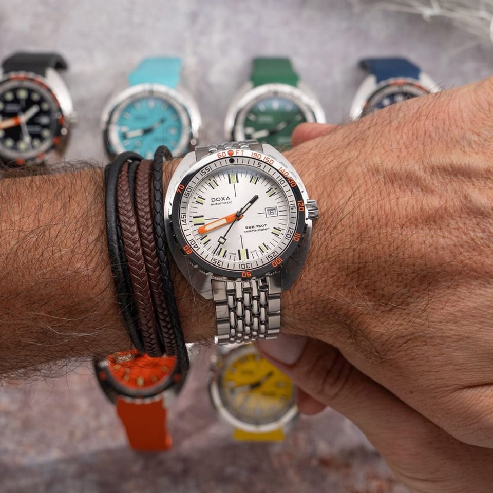 DOXA SUB 750T Searambler Automatic 45mm Watch 825.10.021.10 - shown on wrist