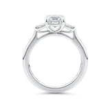 Close-up detail of the Trilogy Ring in 18ct white gold by Hardy Brothers, highlighting the claw-set Asscher cut diamond and tapered baguette detailing.