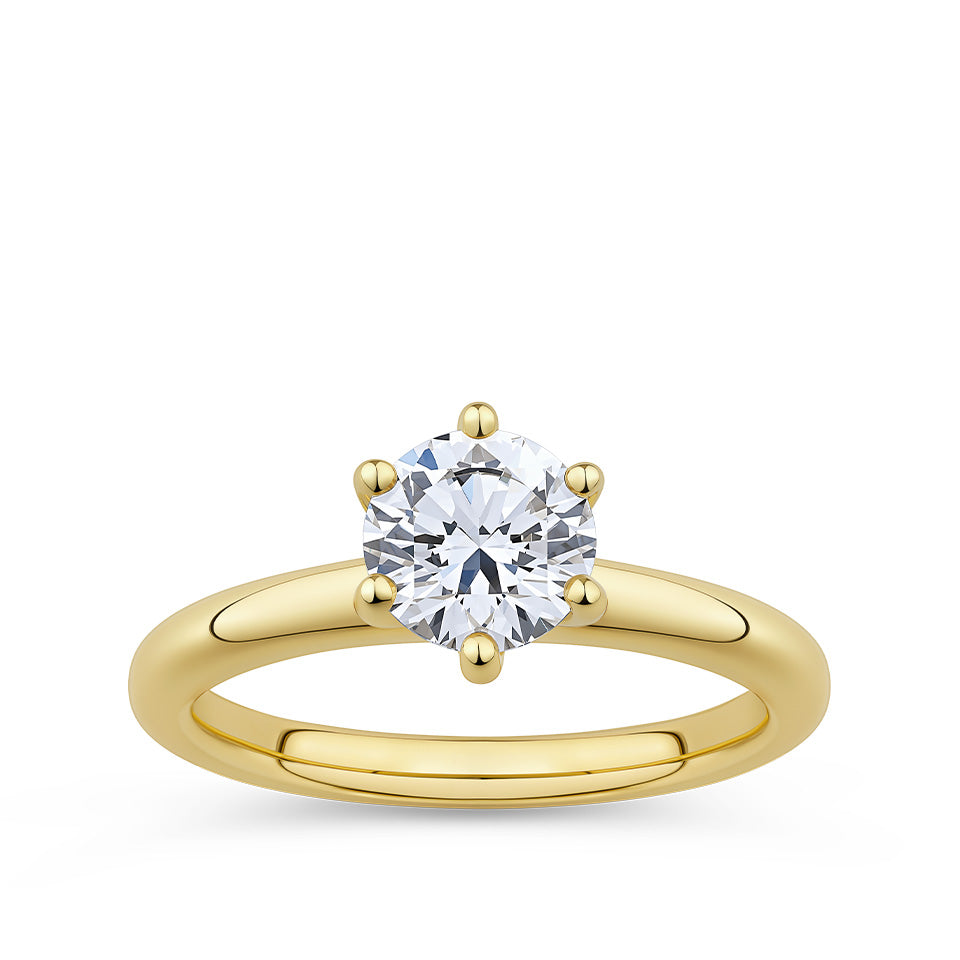 1.06 Carat Round Brilliant Diamond Solitaire Ring in 18ct yellow gold from Hardy Brothers Jewellers, shown front-on with its six-claw set centre diamond.