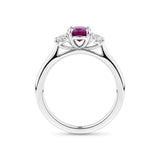 1.15 Carat Burmese Ruby and 0.40ct TW Diamond Ring in 18ct White Gold — Viewed from the front, the ring showcases its balanced three-stone design with the certified Burmese ruby set high above a diamond-lined band. The 18ct white gold setting offers a bright, cool contrast to the ruby's deep tone.