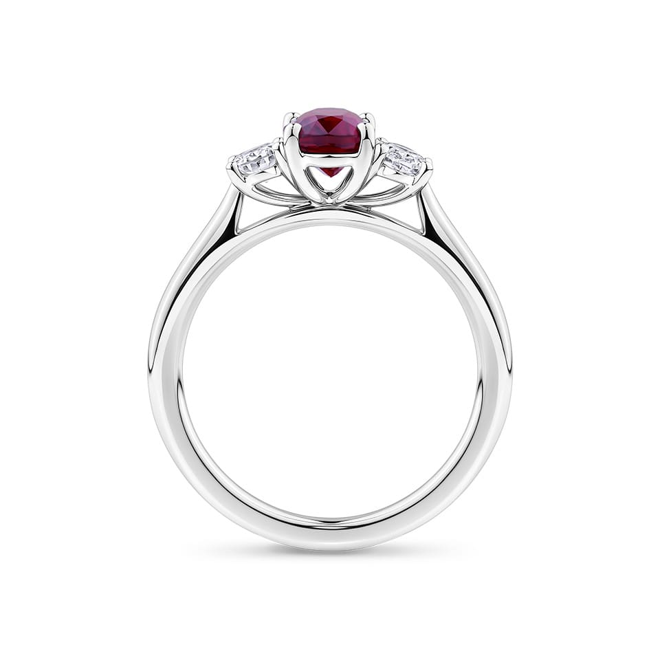 1.33 Carat Ruby and 0.40 Carat TW Diamond Ring in 18ct White Gold — Viewed from the front, the ring showcases its classic trilogy design with the ruby set prominently above a diamond-lined band. The 18ct white gold setting offers a bright, cool contrast to the ruby's deep tone.