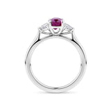 1.39 Carat Burmese Ruby and 0.36 Carat TW Diamond Trilogy Ring in 18ct White Gold — Viewed from the front, the ring showcases its trilogy design with the certified Burmese ruby set above two heart-cut diamonds, points aligned along the band. The 18ct white gold setting frames the stones in a bright, cool tone.
