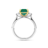 2.54 Carat Emerald and 0.40 Carat TW Diamond Trilogy Ring in 18ct Yellow and White Gold — Viewed from the front, the ring showcases its trilogy design with the claw-set emerald above matching emerald-cut diamonds on either side. The two-tone 18ct yellow and white gold setting highlights each stone's distinct colour.