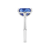 4.05 Carat Sapphire and 0.18 TW Carat Diamond Trilogy Ring in 18ct White Gold — This side profile highlights the ring's tapered gallery and the tapered baguette diamonds set along each shoulder. The 18ct white gold band maintains a slim, elegant silhouette from every angle.