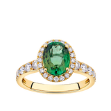 Green Tourmaline Oval and Diamond Halo Ring in 18ct Yellow Gold