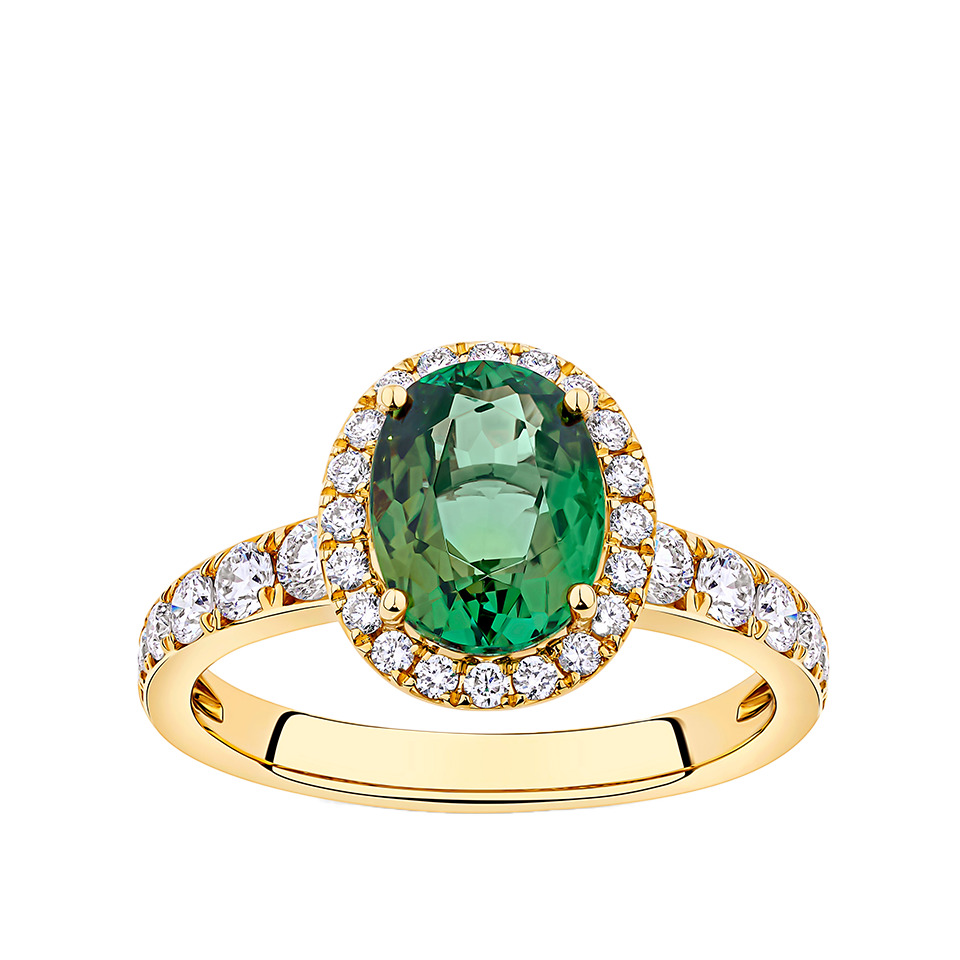 Green Tourmaline Oval and Diamond Halo Ring in 18ct Yellow Gold