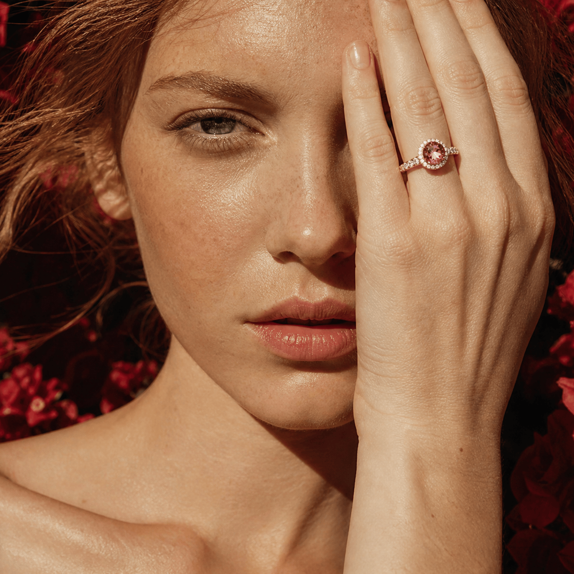 Pink Tourmaline Round and Diamond Halo Ring in 18ct Rose Gold
