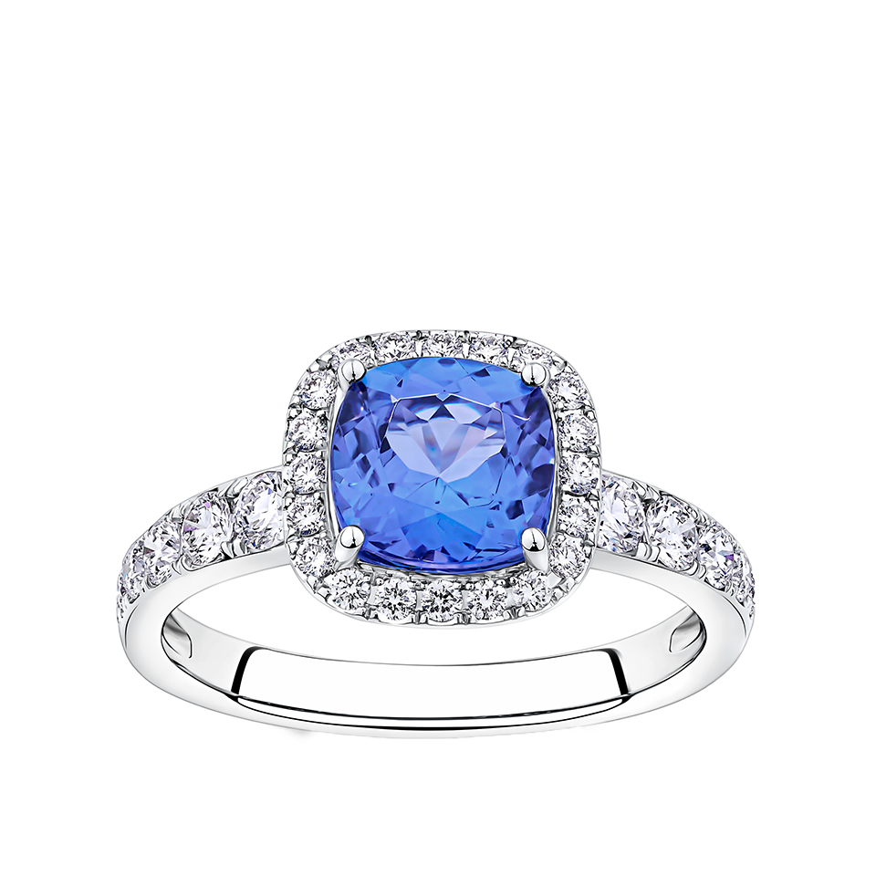 Tanzanite Cushion and Diamond Halo Ring in 18ct White Gold