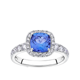 Tanzanite Cushion and Diamond Halo Ring in 18ct White Gold
