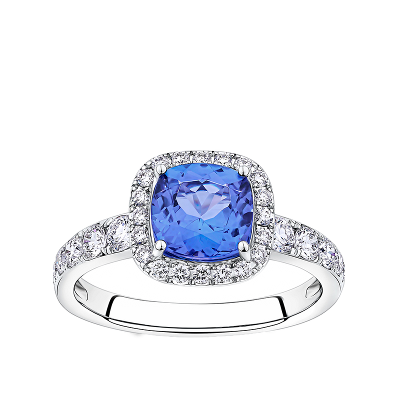 Tanzanite Cushion and Diamond Halo Ring in 18ct White Gold