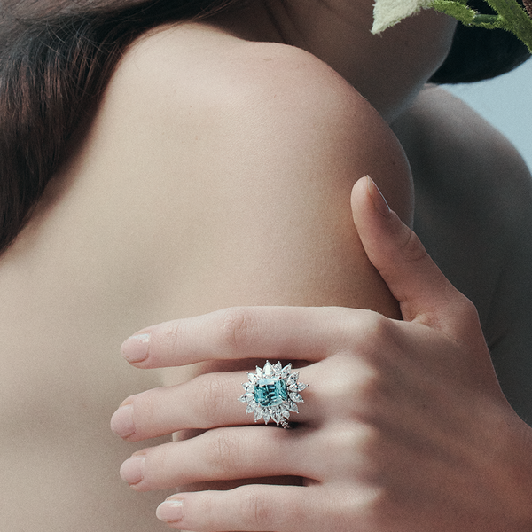 Neon Blue Tourmaline and Diamond Halo Ring in 18ct White Gold