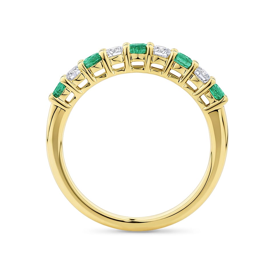 Side profile of the Emerald and Diamond Alternating Ring in 18ct yellow gold by Hardy Brothers, showing the ring's stacker-style silhouette.