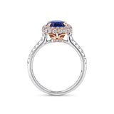 2.50 Carat Sapphire and 0.70 Carat TW Diamond Halo Ring in 18ct Rose and White Gold — Viewed from the front, the ring showcases its double halo design with the oval-cut sapphire set above a diamond-lined band. The two-tone rose and white gold setting creates a striking contrast.