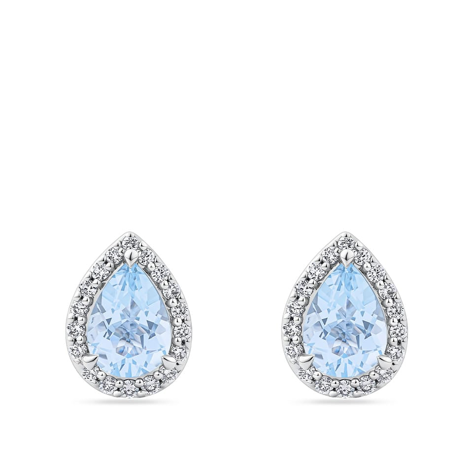 Pear Cut Aquamarine and Diamond Halo Stud Earrings in 18ct White Gold