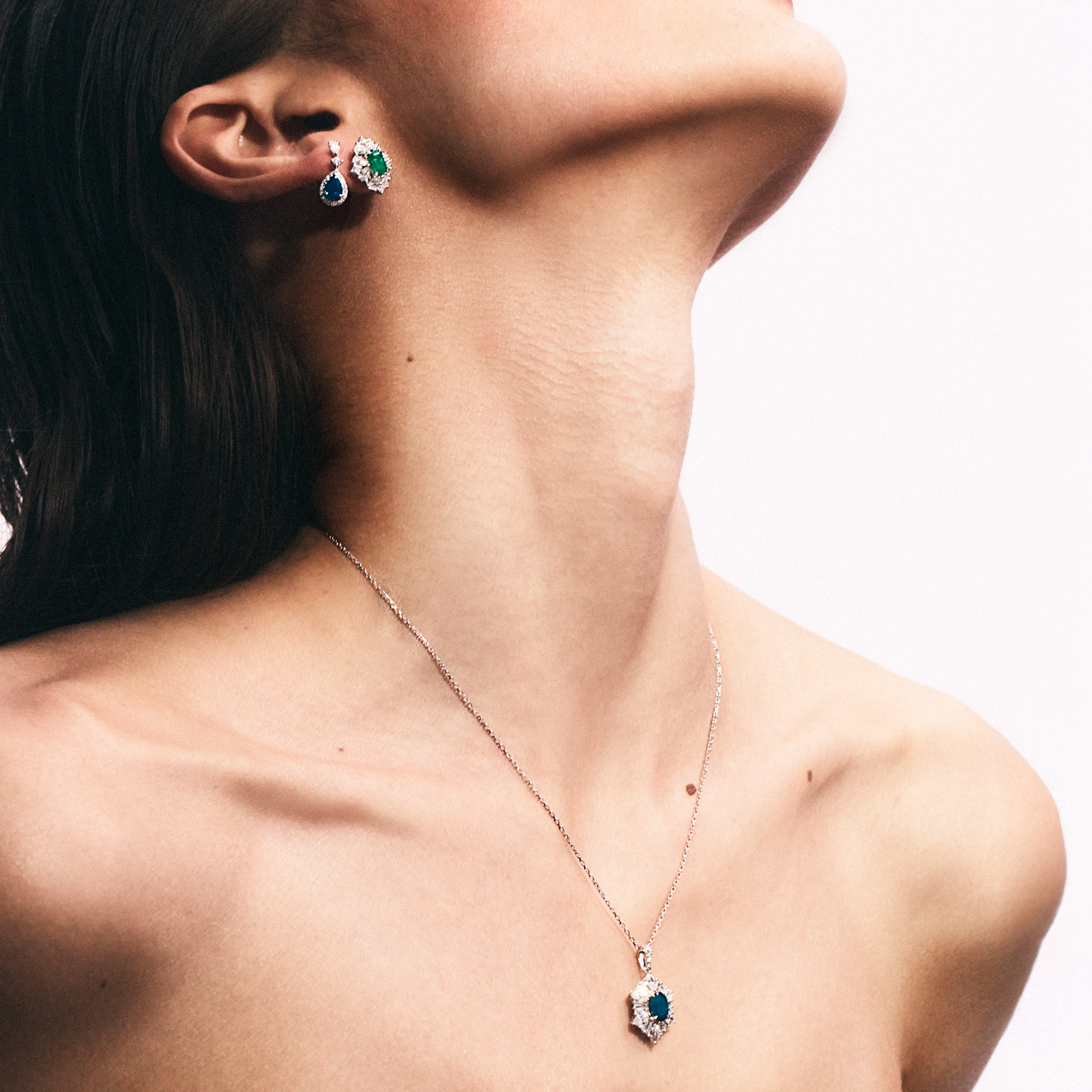 Emerald and Diamond Halo Earrings in 18ct White Gold