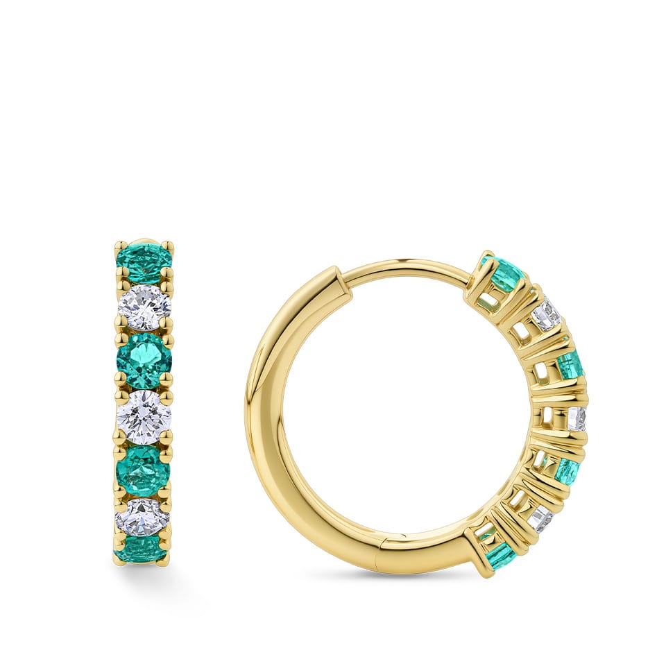 Diamond and Emerald Huggie Earrings in 18ct Yellow Gold