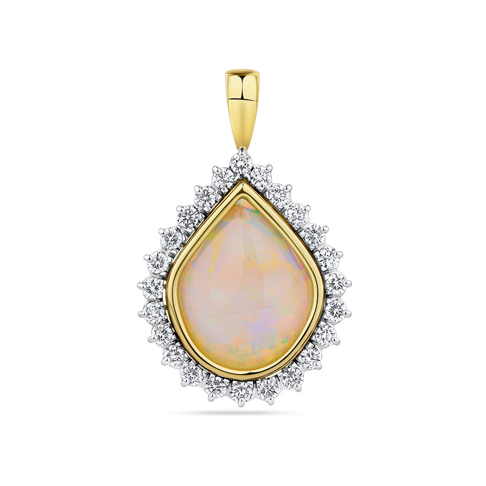 Solid White Opal and Diamond Halo Pendant in 18ct yellow and white gold from Hardy Brothers Jewellers, shown front-on with its pear shaped opal and diamond halo.