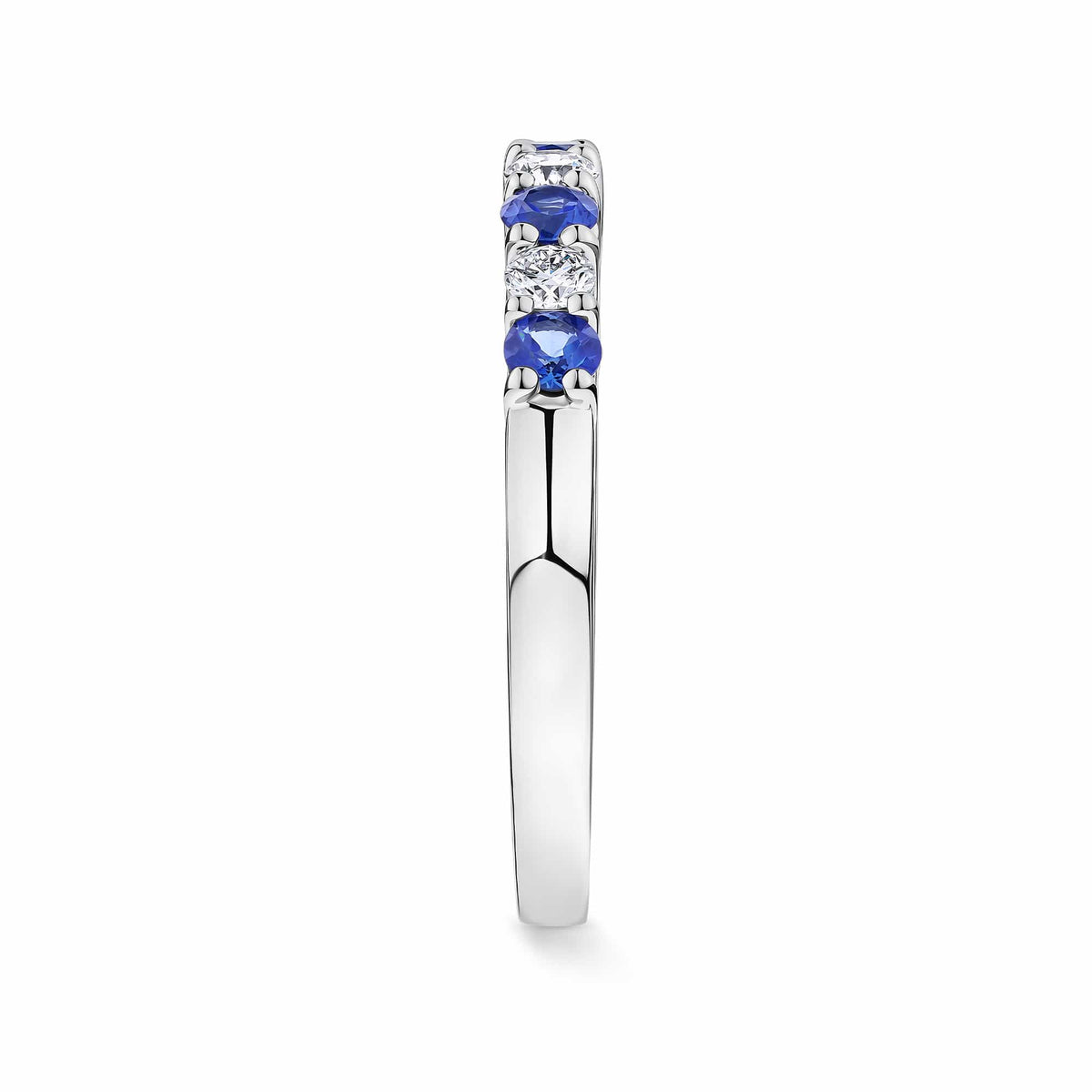 Side profile of the Sapphire and Diamond Ring in 18ct white gold by Hardy Brothers, showing the ring's stacker-style silhouette.
