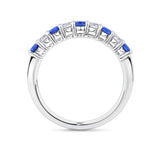 Side view of the Sapphire and Diamond Ring in 18ct white gold by Hardy Brothers, highlighting the claw-set stones and polished band.