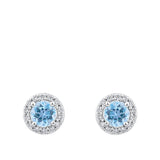 Halo Aquamarine and Diamond Stud Earrings in 18ct white gold from Hardy Brothers Jewellers, shown front-on as a pair with their aquamarine centres and diamond halos.