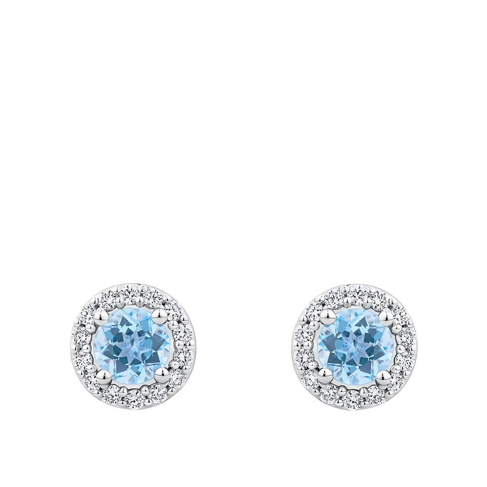 Halo Aquamarine and Diamond Stud Earrings in 18ct white gold from Hardy Brothers Jewellers, shown front-on as a pair with their aquamarine centres and diamond halos.