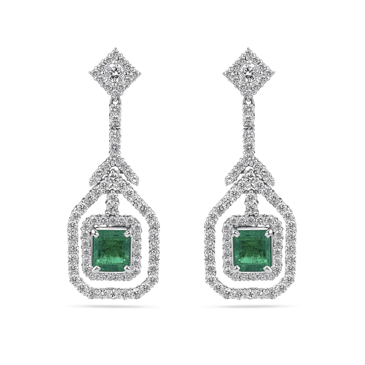 Emerald and 1.05 Carat TW Diamond Drop Earrings in 18ct white gold from Hardy Brothers Jewellers, shown front-on as a pair with their emerald centres and diamond drop design.