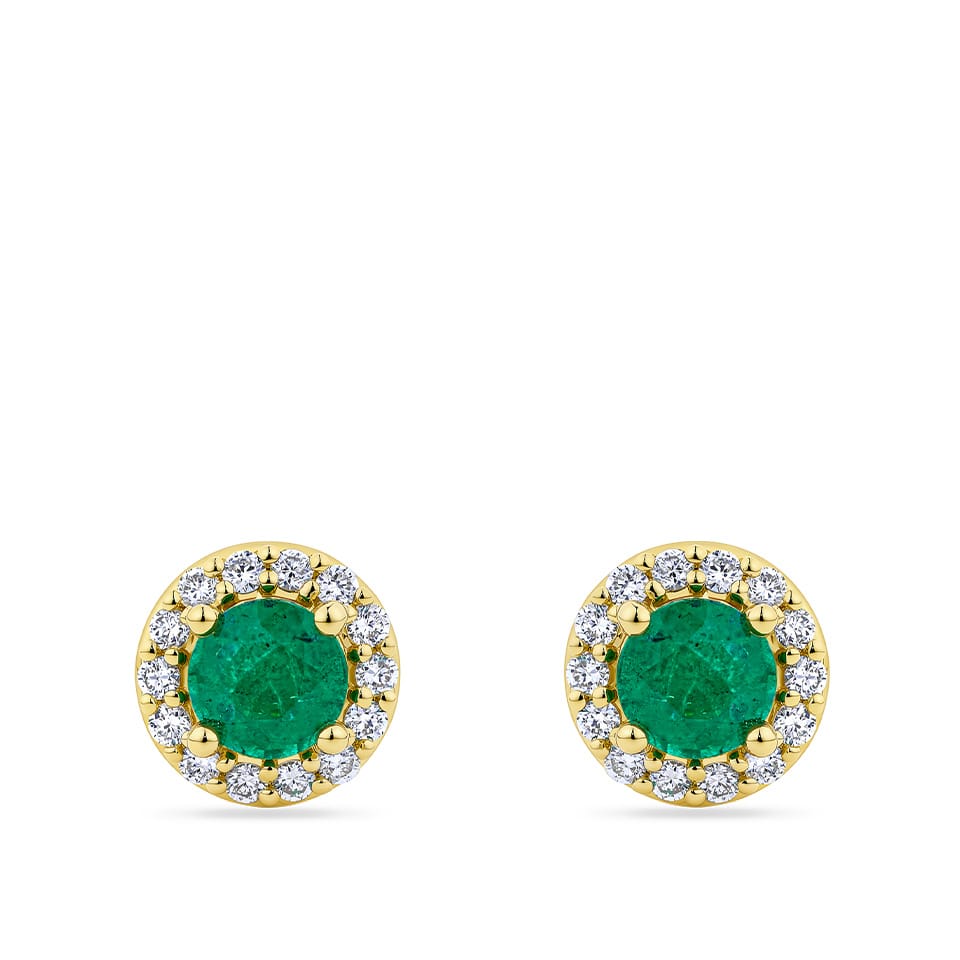 Emerald and Diamond Halo Earrings in 18ct Yellow Gold