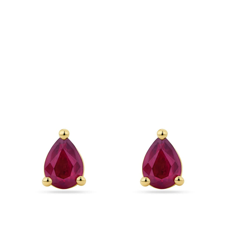 A pair of Pear Cut Ruby Stud Earrings in 18ct Yellow Gold featuring faceted teardrop-shaped ruby in a three-prong setting