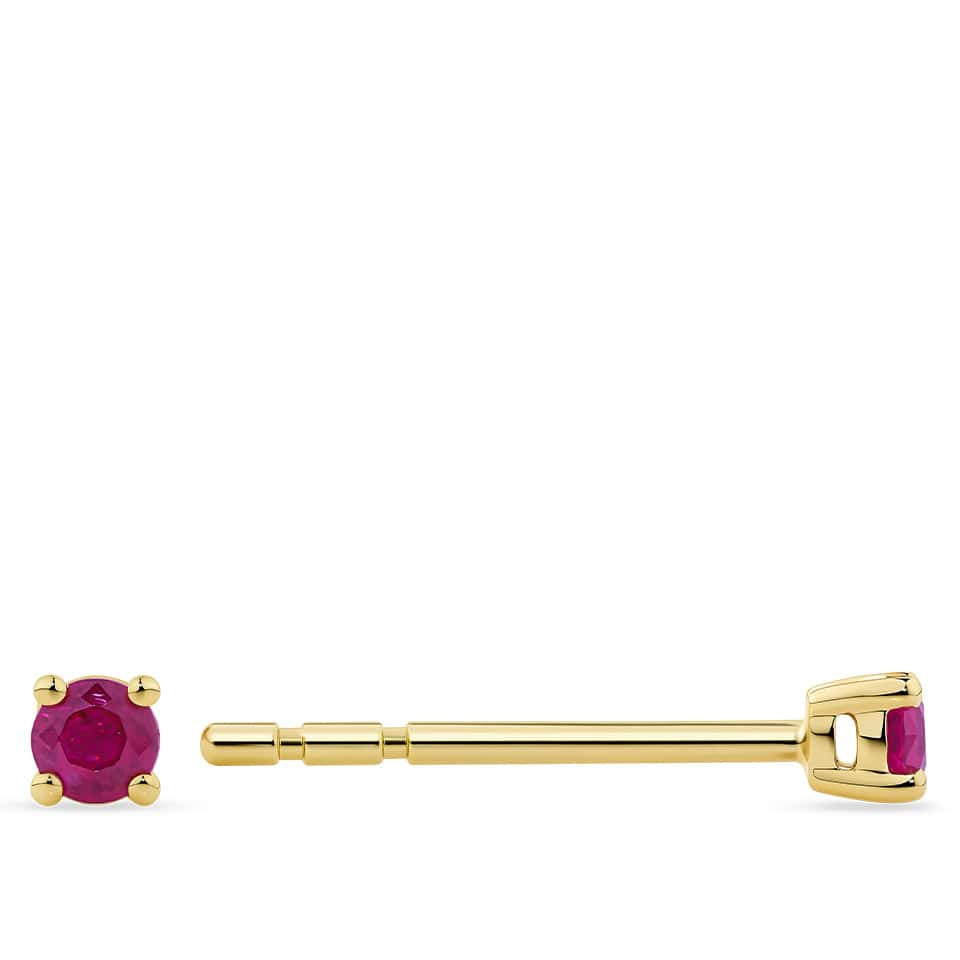 Round Ruby Stud Earrings in 18ct Yellow Gold shown horizontally on a plain white background, featuring a four-prong setting.