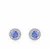 Tanzanite and Diamond Halo Stud Earrings in 18ct white gold from Hardy Brothers Jewellers, shown front-on as a pair with their tanzanite centres and diamond halos.