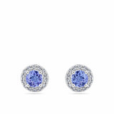 Tanzanite and Diamond Halo Stud Earrings in 18ct white gold from Hardy Brothers Jewellers, shown front-on as a pair with their tanzanite centres and diamond halos.