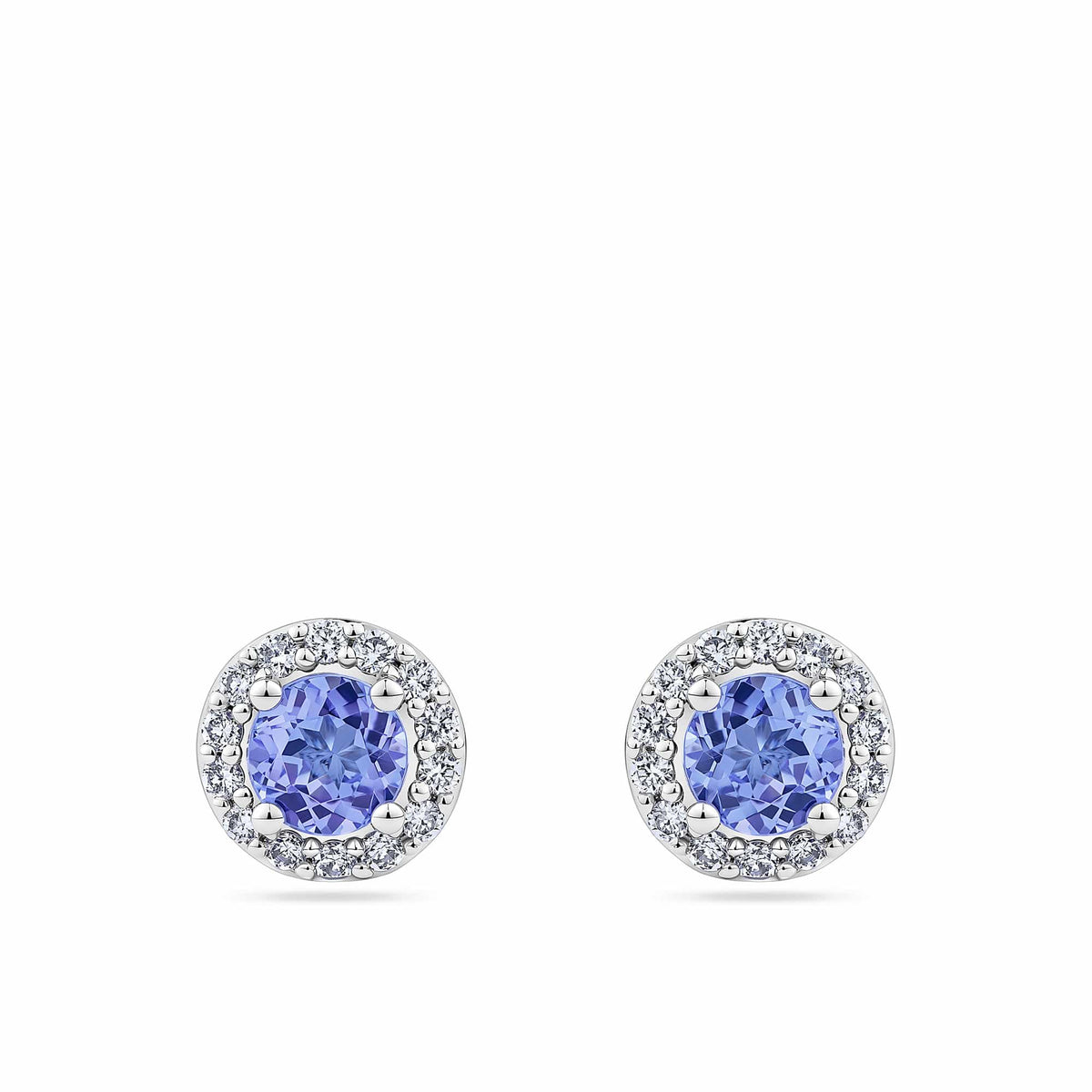 Tanzanite and Diamond Halo Stud Earrings in 18ct white gold from Hardy Brothers Jewellers, shown front-on as a pair with their tanzanite centres and diamond halos.