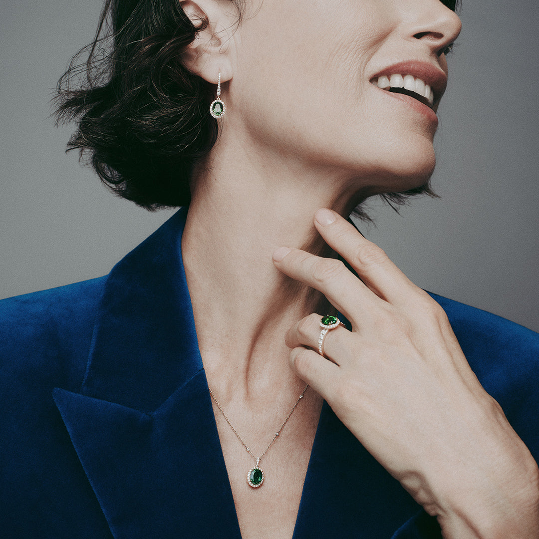 Green Tourmaline Oval and Diamond Halo Drop Earrings in 18ct Yellow Gold
