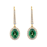 Green Tourmaline Oval and Diamond Halo Drop Earrings in 18ct Yellow Gold