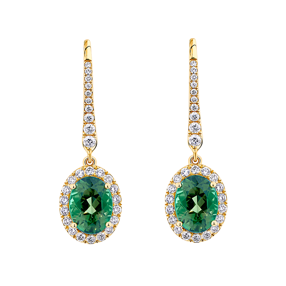 Green Tourmaline Oval and Diamond Halo Drop Earrings in 18ct Yellow Gold