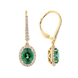 Green Tourmaline Oval and Diamond Halo Drop Earrings in 18ct Yellow Gold